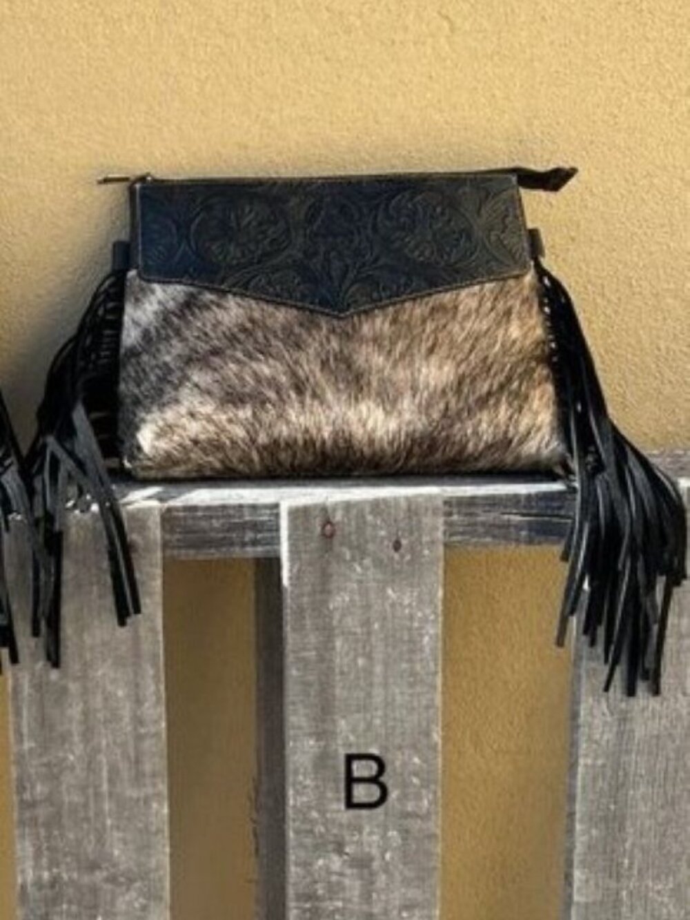 Tooled Black Leather and Cowhide Concealed Carry Western Purse